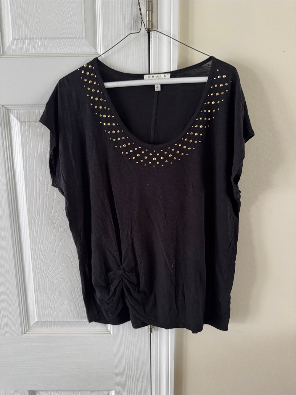 Chaus Black Short Sleeve Scoop Neck Top with Gold Studs